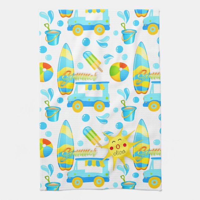 Colourful Summer and Beach Fun Monogrammed Pattern Tea Towel (Vertical)
