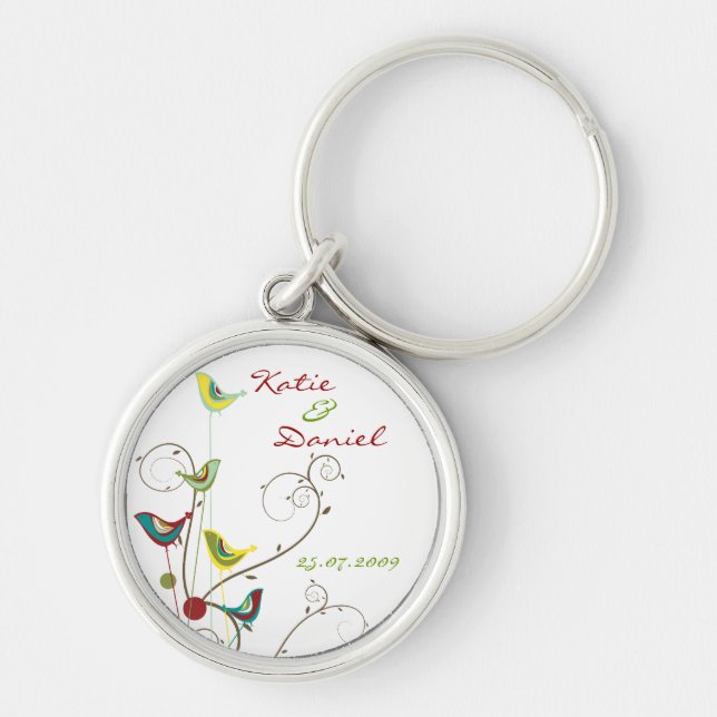 Colourful Summer Bird and Swirls Save-the-Date Key Ring (Front)