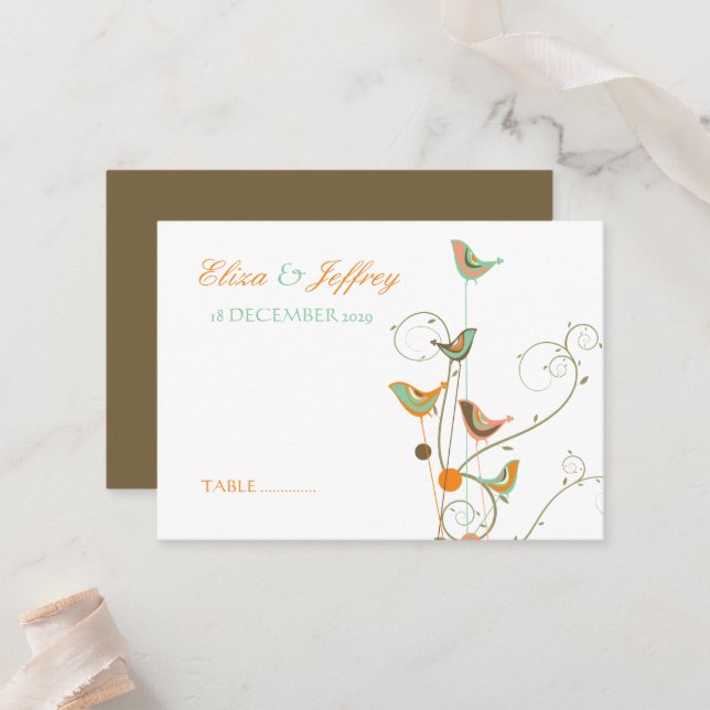 Colourful Summer Birds & Swirls Whimsical Wedding Place Card (Front/Back In Situ)