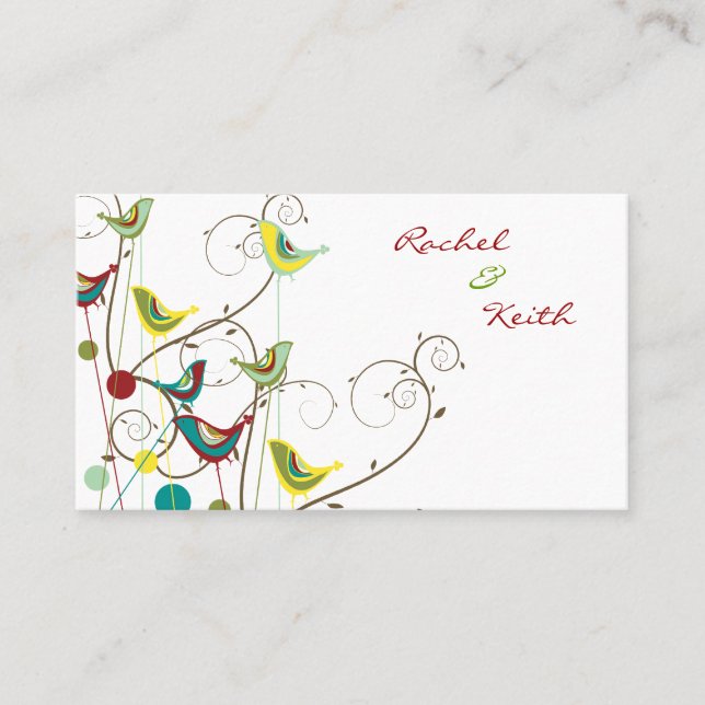 Colourful Summer Birds & Swirls Whimsical Wedding Place Card (Front)