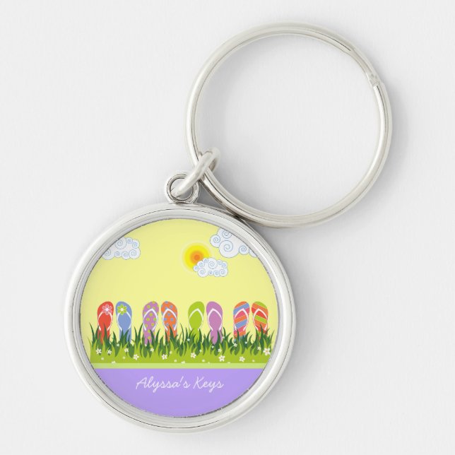 Colourful Summer Flip Flops Fun In The Sun Garden Key Ring (Front)