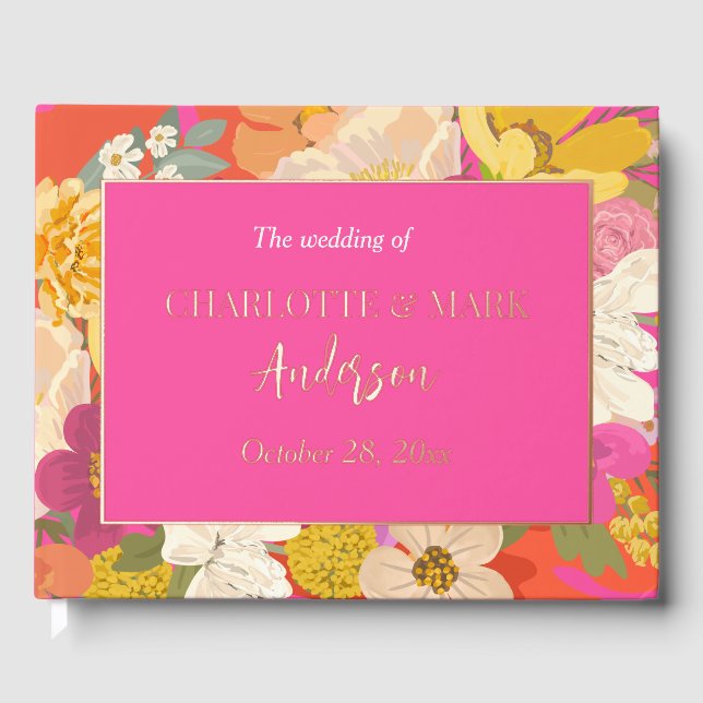 Colourful Summer Floral Garden Pink Wedding  Guest Book (Front)