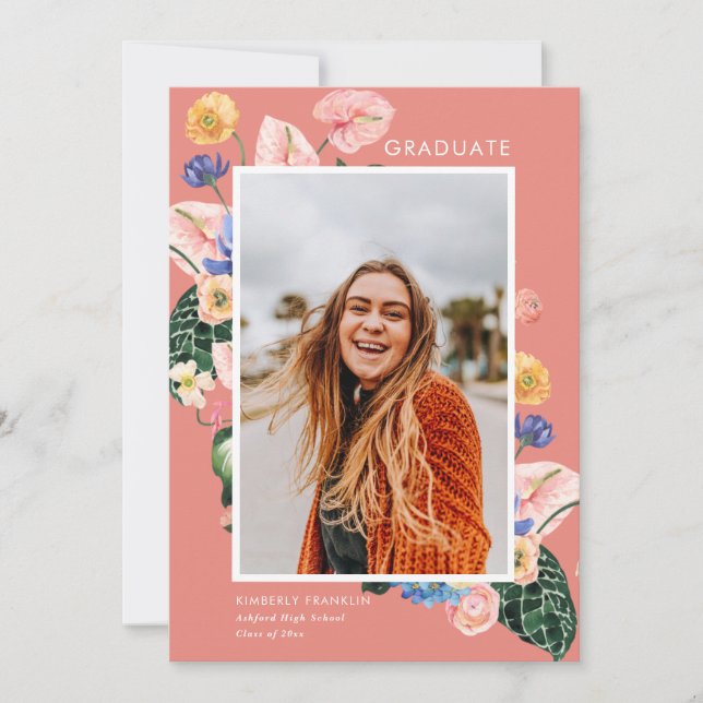 Colourful Summer Floral Graduation Photo Invitatio Invitation (Front)