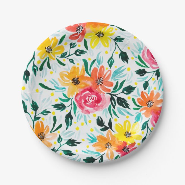 Colourful Summer Floral Watercolor Pattern Paper Plate (Front)