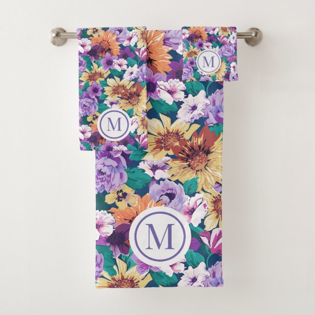 Colourful summer flowers collage pattern bath towel set (Insitu)