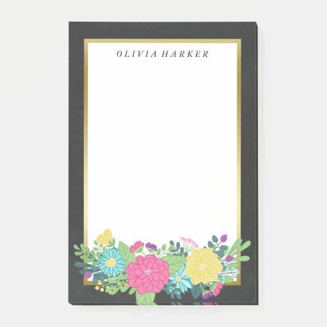 Colourful Summer Flowers & Faux Gold Custom Name Post-it Notes (Front)