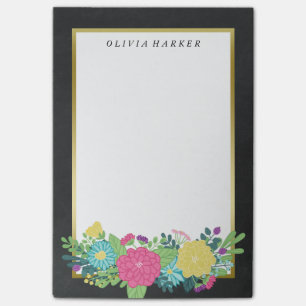 Colourful Summer Flowers & Faux Gold Custom Name Post-it Notes