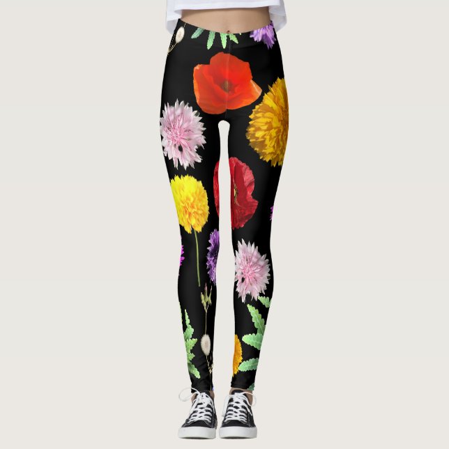 colourful summer flowers on black background leggings (Front)