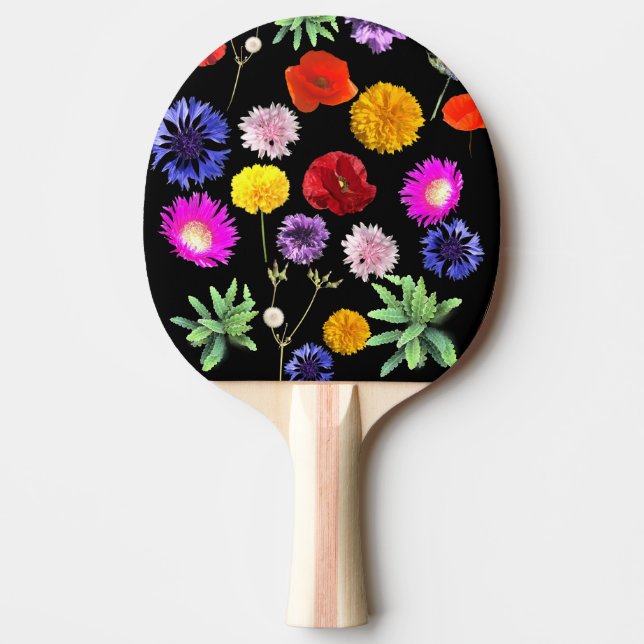 colourful summer flowers on black background ping pong paddle (Front)