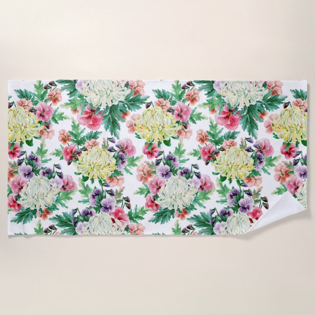 Colourful summer flowers pattern beach towel (Front)