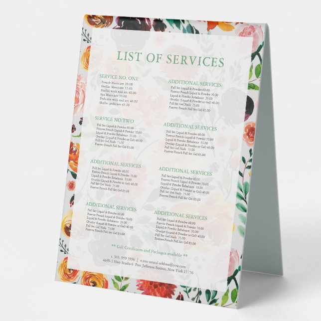 Colourful summer flowers pattern service list  (Front)