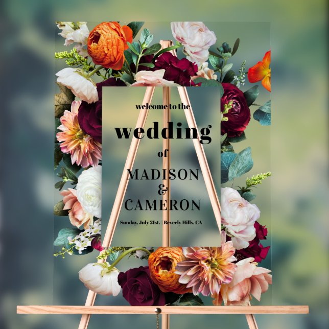 Colourful Summer Flowers Wedding Acrylic Sign (Neutral)