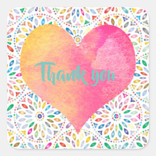 Colourful summer flowers with pink heart thank you square sticker