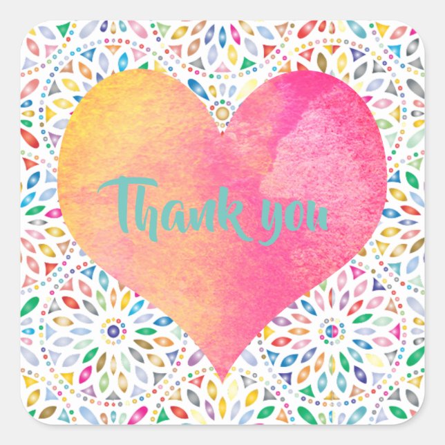 Colourful summer flowers with pink heart thank you square sticker (Front)