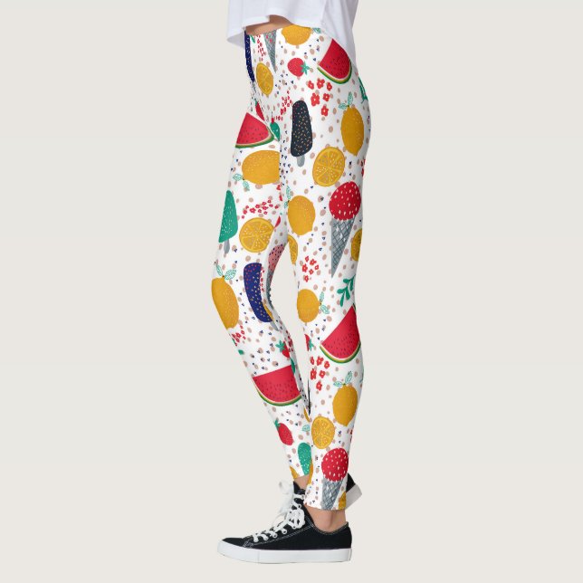 Colourful summer foods & flowers collage leggings (Left)