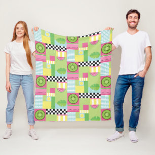 Colourful summer fruit pink green yellow mosaic fleece blanket