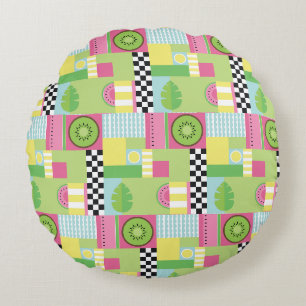 Colourful summer fruit pink green yellow mosaic round cushion