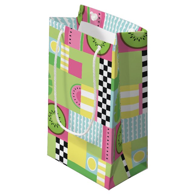 Colourful summer fruit pink green yellow mosaic  small gift bag (Front Angled)