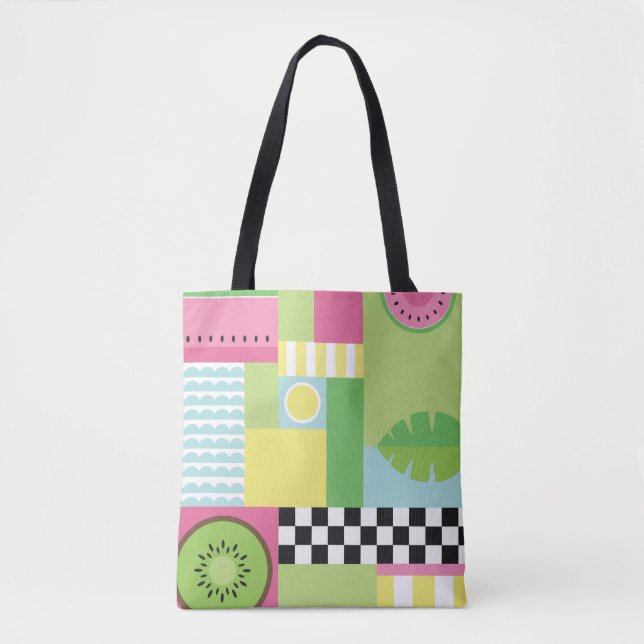 Colourful summer fruit pink green yellow mosaic tote bag (Front)