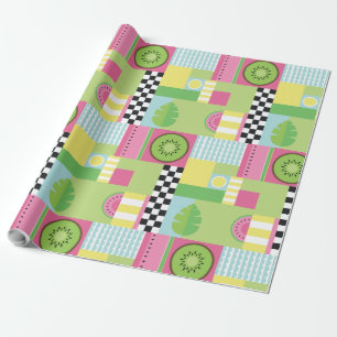 Colourful summer fruit pink green yellow mosaic  wrapping paper