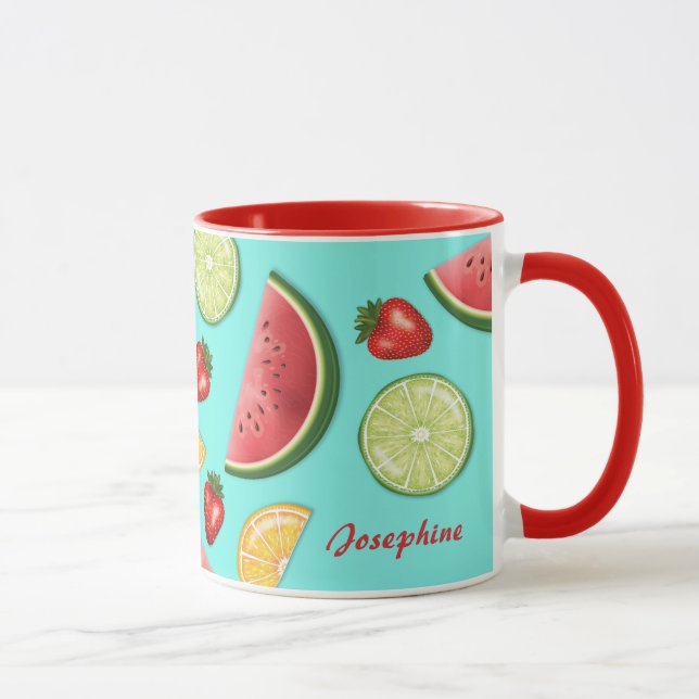 Colourful Summer Fruits On Blue With Custom Name Mug (Right)