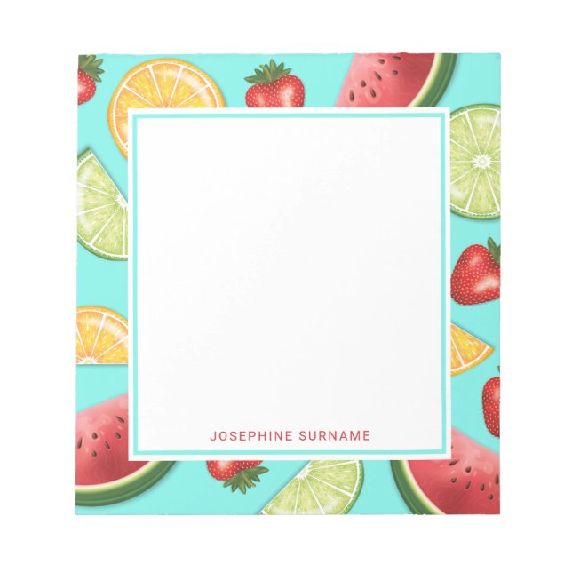 Colourful Summer Fruits On Blue With Custom Text Notepad (Front)