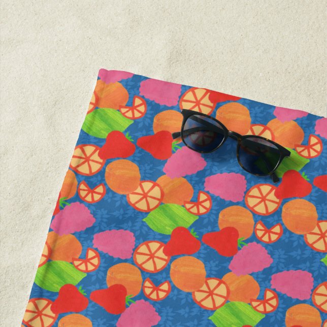 Colourful Summer Fruits Pattern on Deep Blue Beach Towel (In Situ)