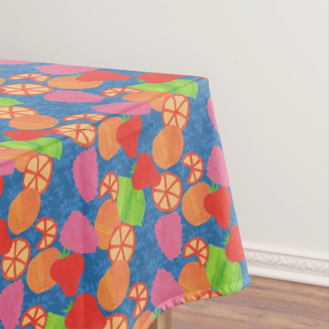 Colourful Summer Fruits Pattern on Deep Blue Tablecloth (In Situ)