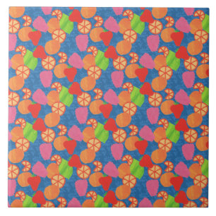 Colourful Summer Fruits Pattern on Deep Blue Tile