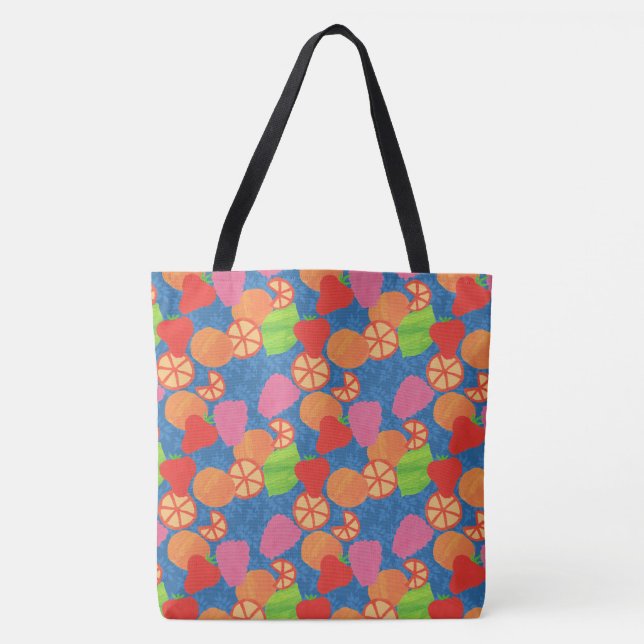Colourful Summer Fruits Pattern on Deep Blue Tote Bag (Front)