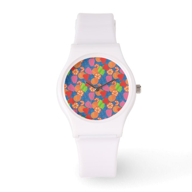 Colourful Summer Fruits Pattern on Deep Blue Watch (Front)