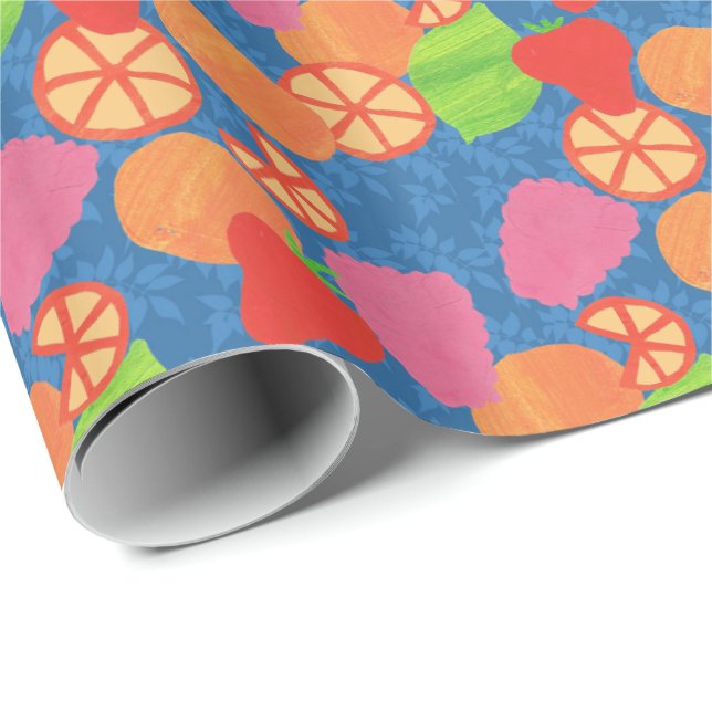 Colourful Summer Fruits Pattern on Deep Blue Wrapping Paper (Roll Corner)