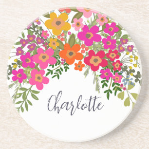 Colourful Summer Garden Flowers Custom Name  Coaster