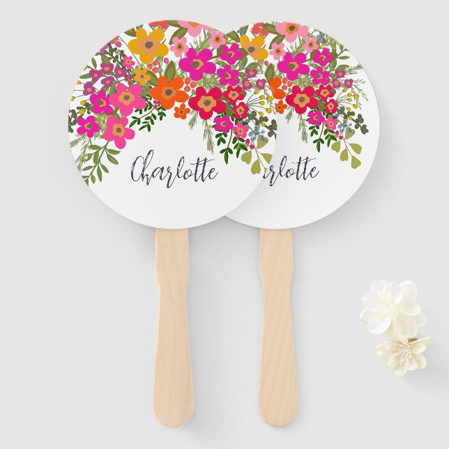 Colourful Summer Garden Flowers Custom Name  Hand Fan (Front and Back)