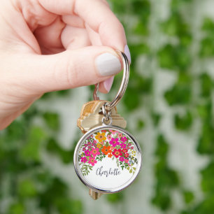 Colourful Summer Garden Flowers Custom Name Key Ring
