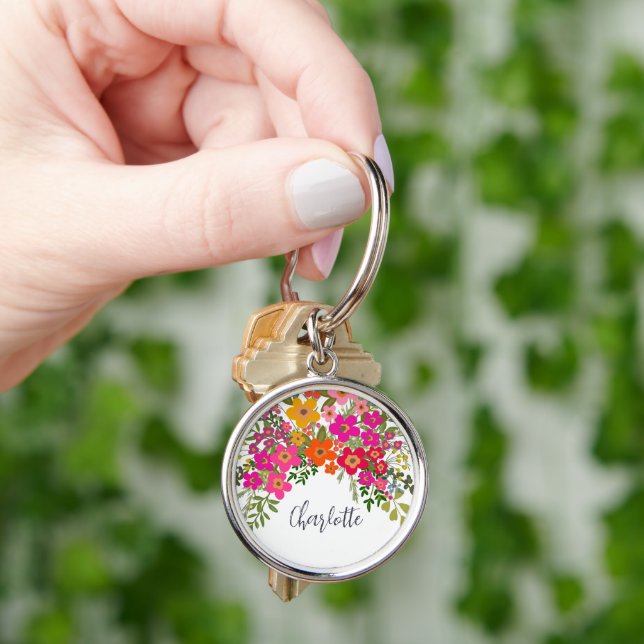 Colourful Summer Garden Flowers Custom Name  Key Ring (Hand)