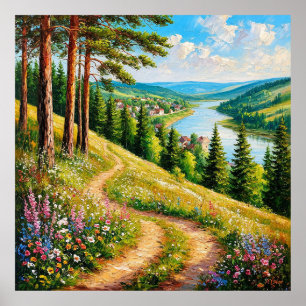 Colourful Summer Landscape with Wildflowers Poster