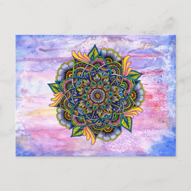 Colourful Summer Mandala w/ Watercolor Backdrop Postcard (Front)