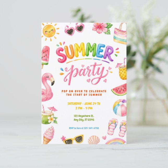 Colourful Summer Party Pool & Beach Celebration Invitation (Standing Front)
