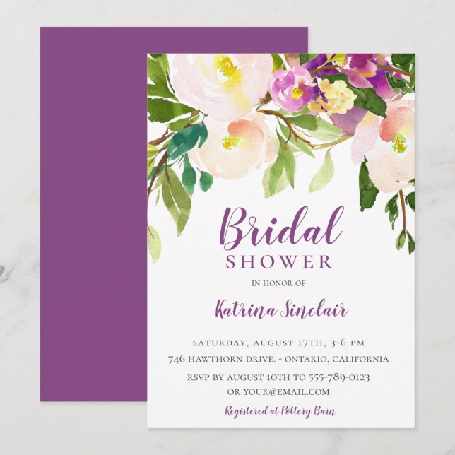 Colourful Summer Purple Floral Bridal Shower Invitation (Front/Back)