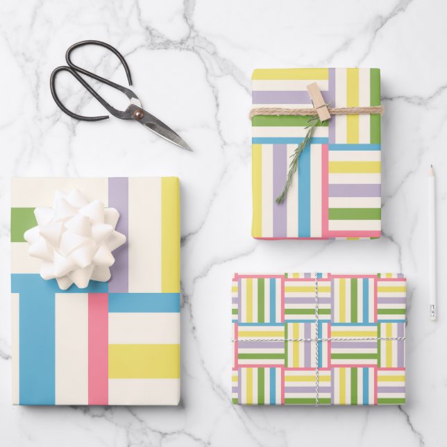 Colourful summer striped blocks pattern wrapping paper sheet (Front)
