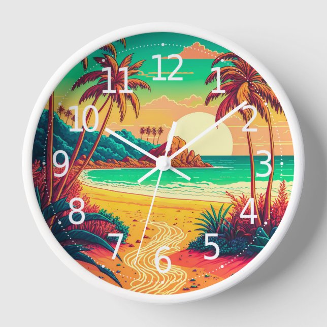 Colourful Summer Tropical Beach Landscape Artwork  Clock (Front)