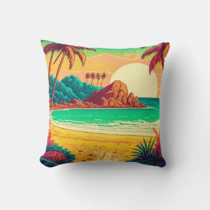 Colourful Summer Tropical Beach Landscape Artwork  Cushion