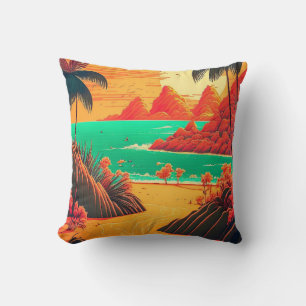 Colourful Summer Tropical Beach Landscape Artwork  Cushion