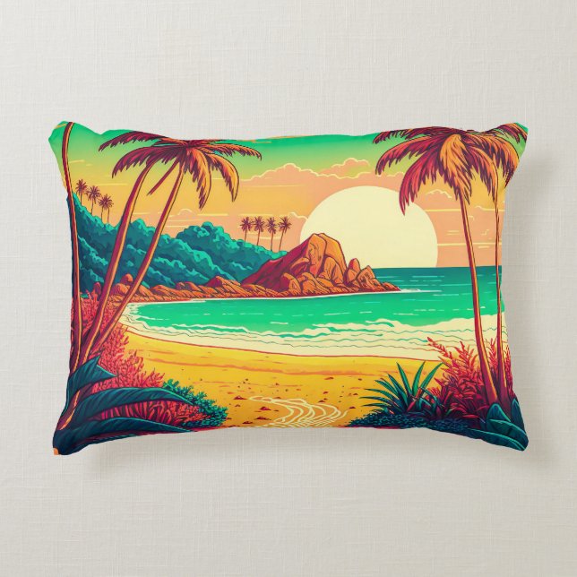 Colourful Summer Tropical Beach Landscape Artwork  Decorative Cushion (Front)