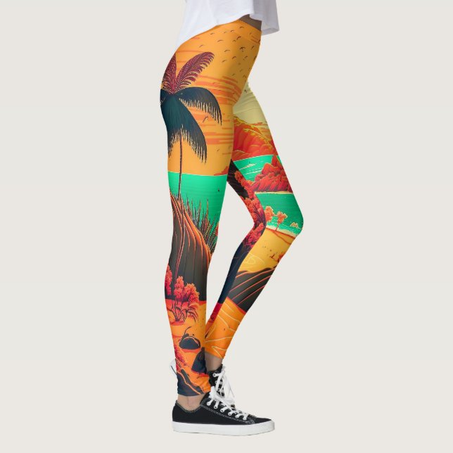 Colourful Summer Tropical Beach Landscape Artwork  Leggings (Right)