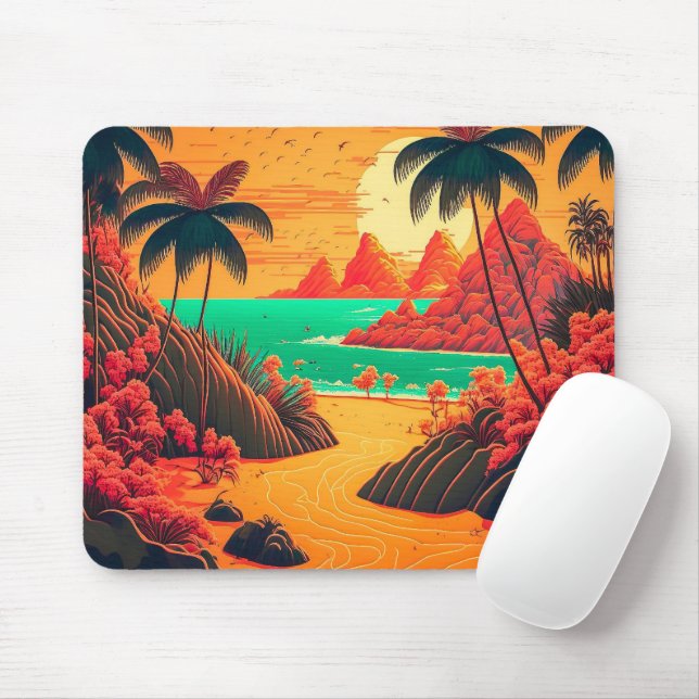 Colourful Summer Tropical Beach Landscape Artwork  Mouse Mat (With Mouse)