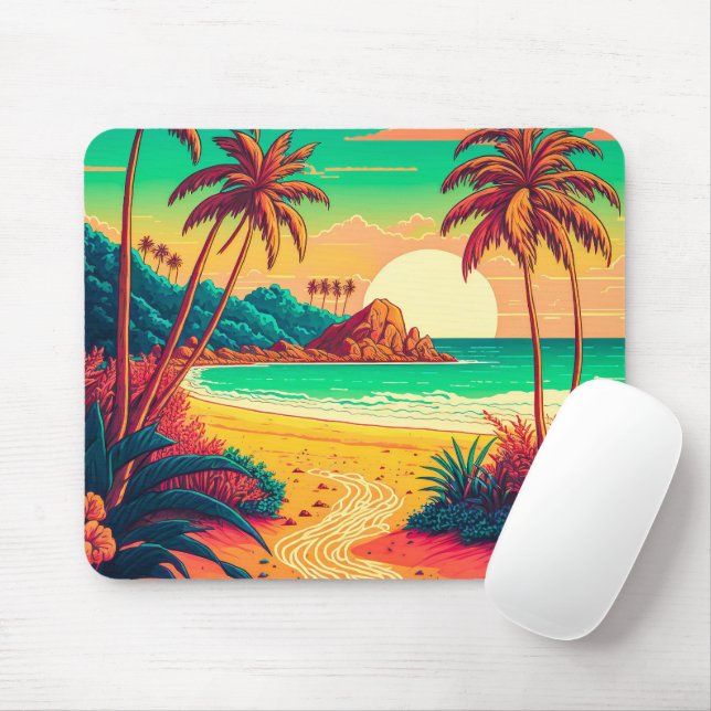 Colourful Summer Tropical Beach Landscape Artwork  Mouse Mat (With Mouse)