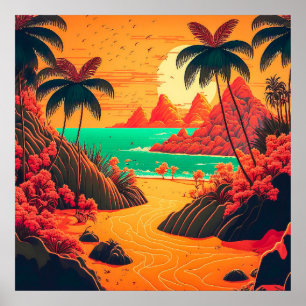 Colourful Summer Tropical Beach Landscape Artwork  Poster