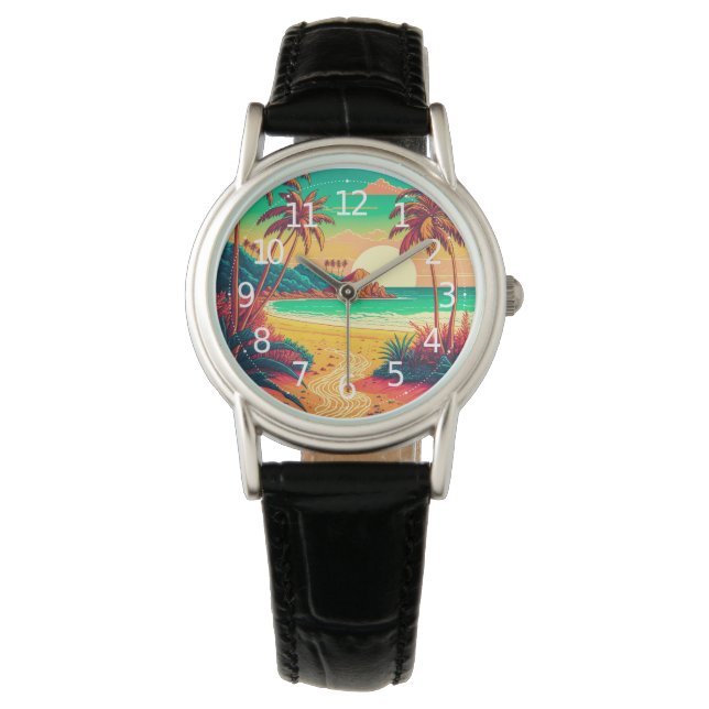 Colourful Summer Tropical Beach Landscape Artwork  Watch (Front)